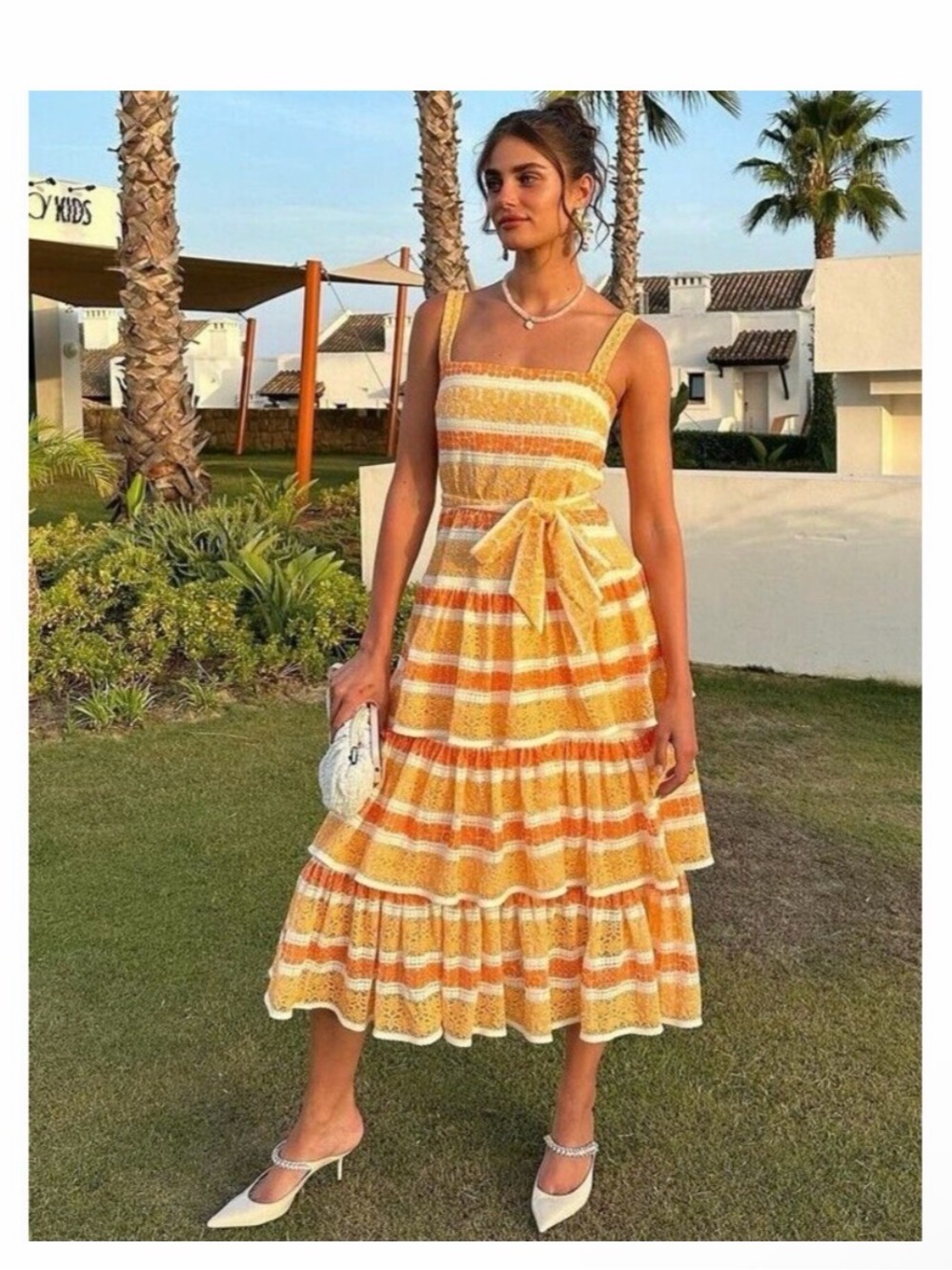 Zimmermann lace Yellow Striped Midi Dress with Waist Tie.